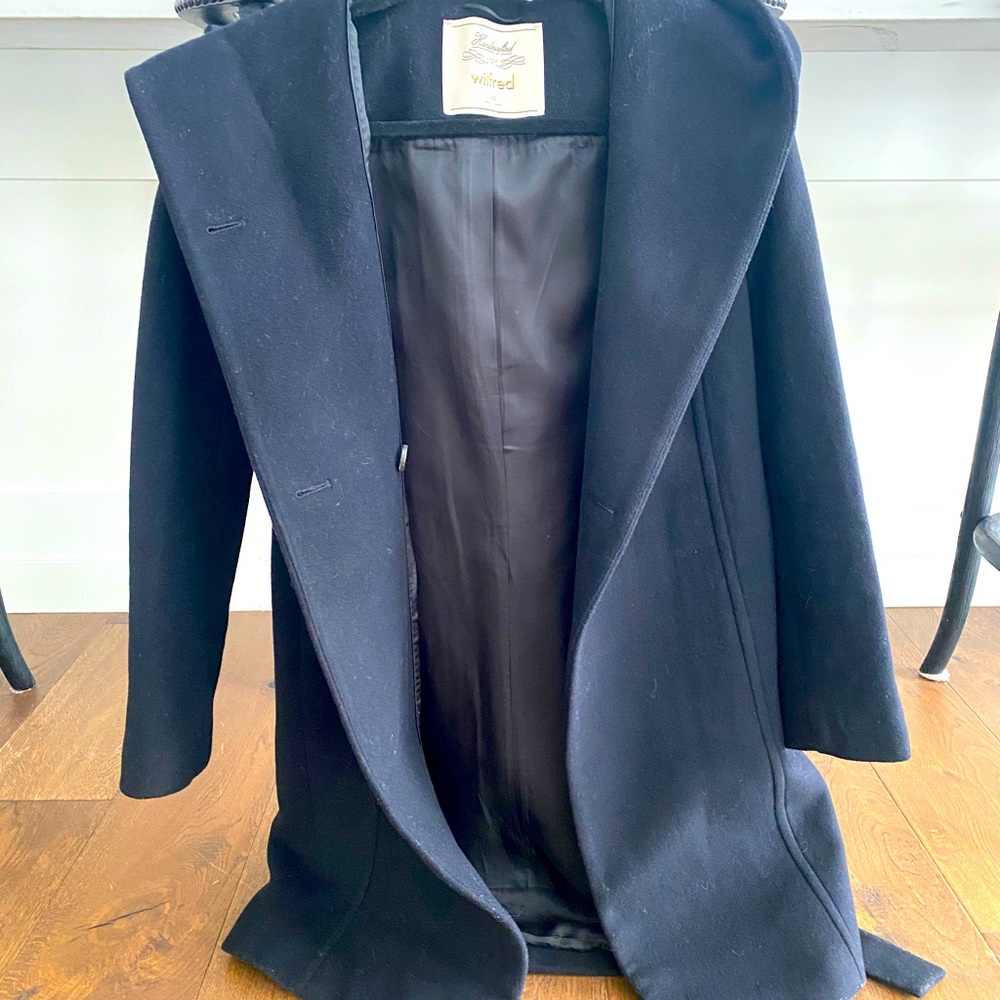 Wilfred black wool hooded wrap coat